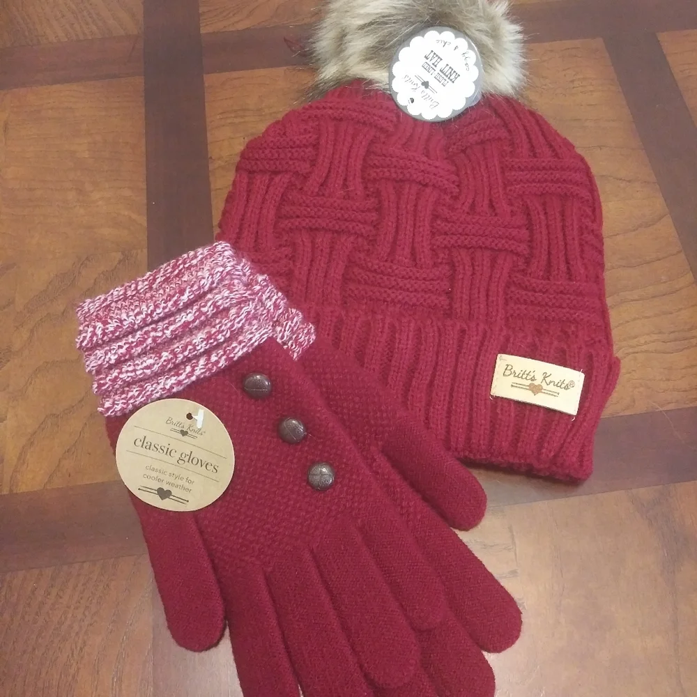 Cute Matching Winter Knit Hat with Matching Gloves Set Perfect  Holiday Gift